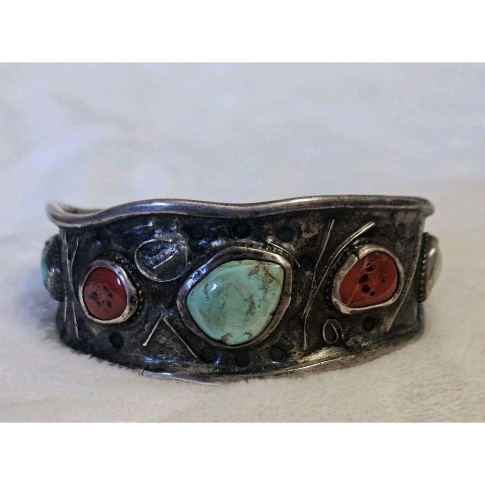 Fred Harvey Era Sterling Cuff Navajo 44g Bracelet Coral And Turquoise Applique
